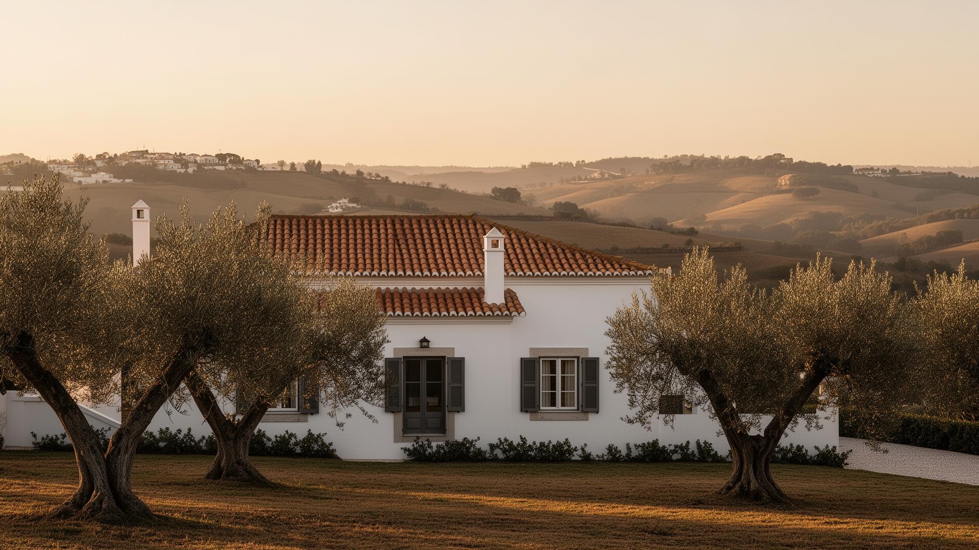 Quinta Vida villa at golden hour amidst olive trees